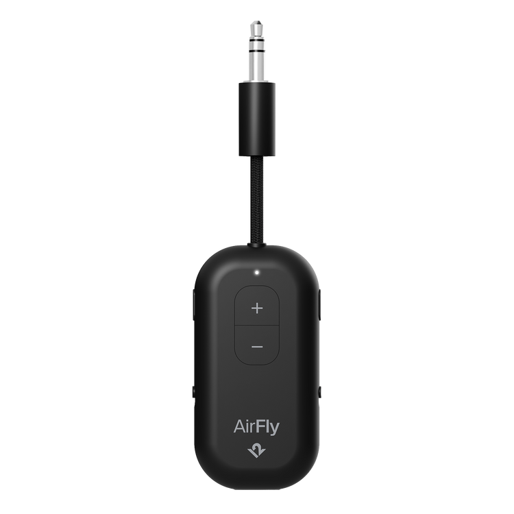 Black AirFly audio transmitter on a white background