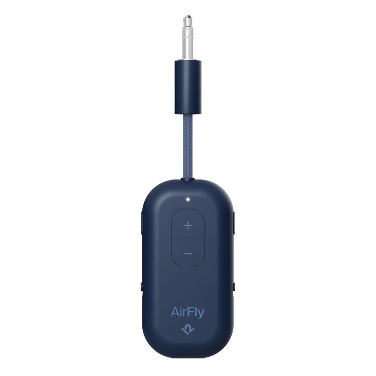 Blue AirFly audio transmitter on a white background