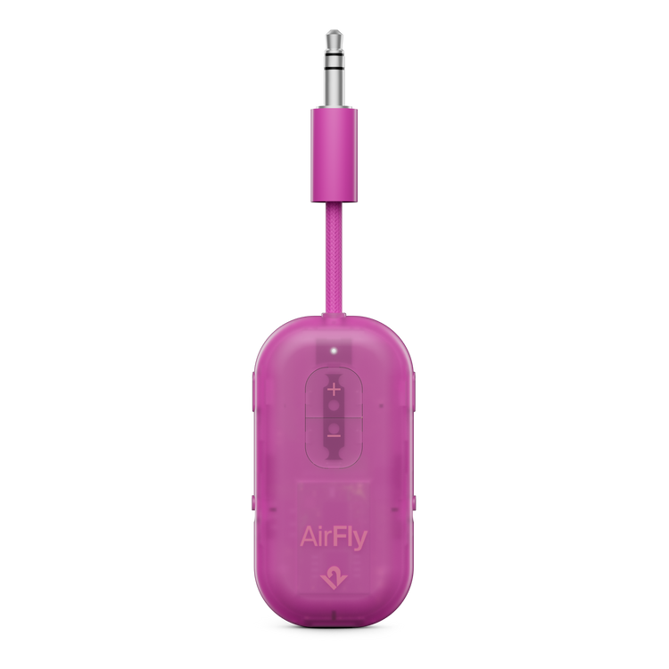 Pink audio adapter with 'AirFly' branding on a white background