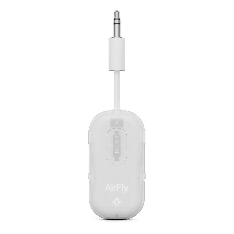 White audio adapter with 'AirFly' branding on a white background