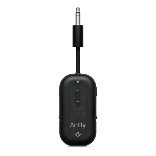 Black AirFly audio transmitter on a white background