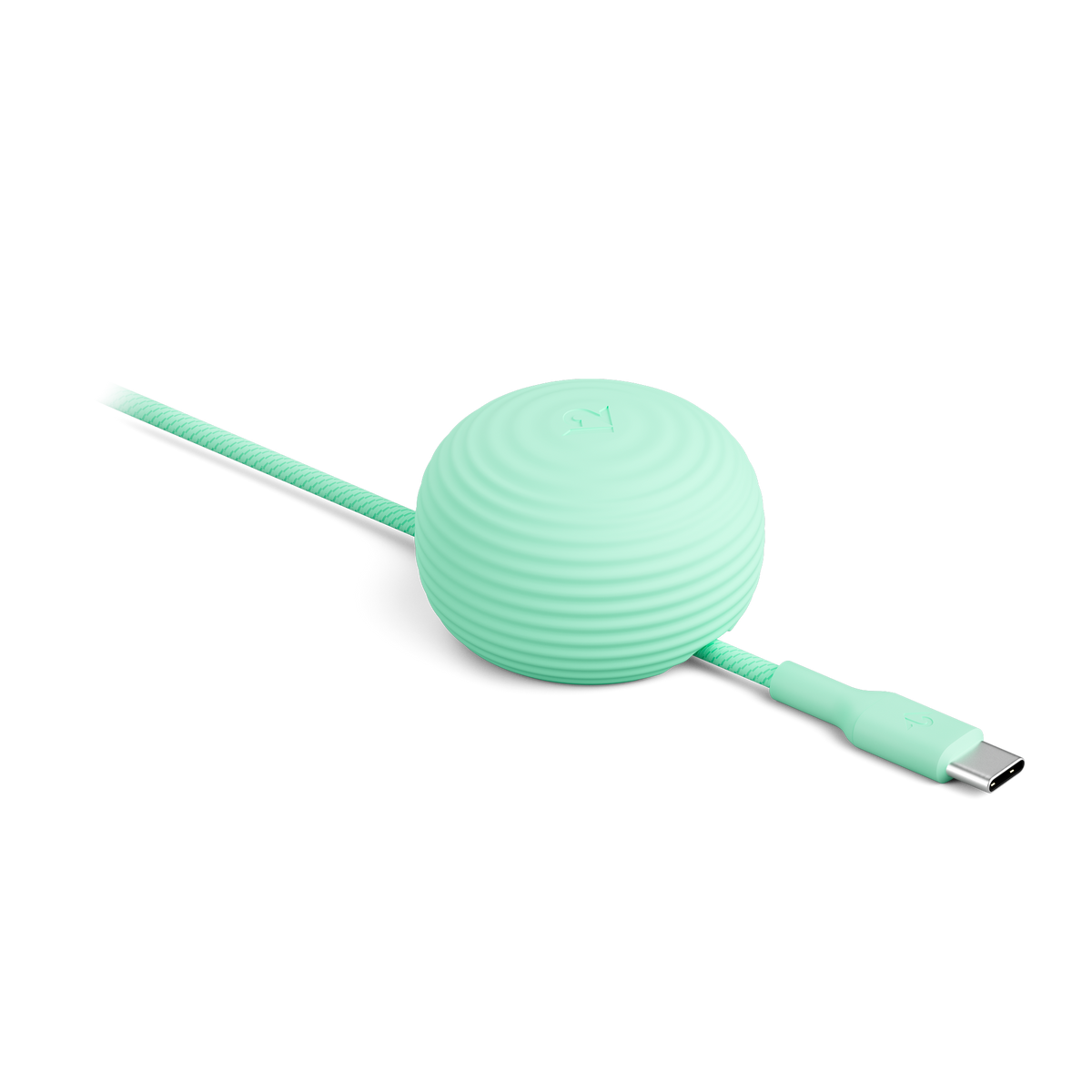 Mint green cable with a round, textured connector on a white background