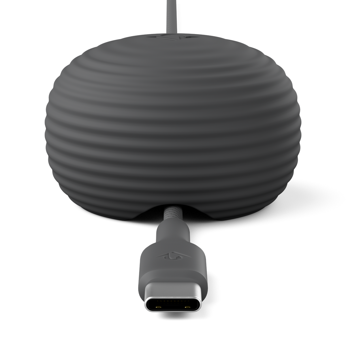 Gray cylindrical device with a USB-C connector on a white background