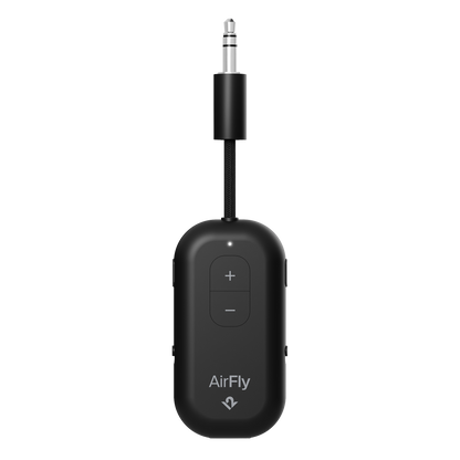 Black AirFly audio transmitter on a white background