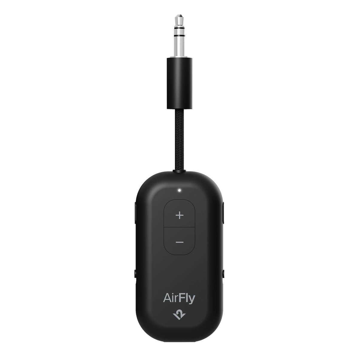 Black AirFly audio transmitter on a white background
