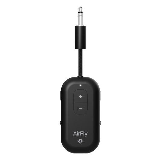 Black AirFly audio transmitter on a white background