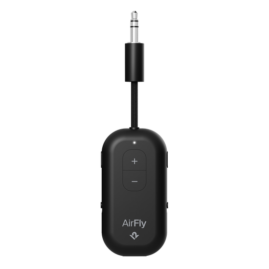 Black AirFly audio transmitter on a white background