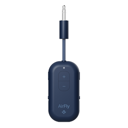 Blue AirFly audio transmitter on a white background