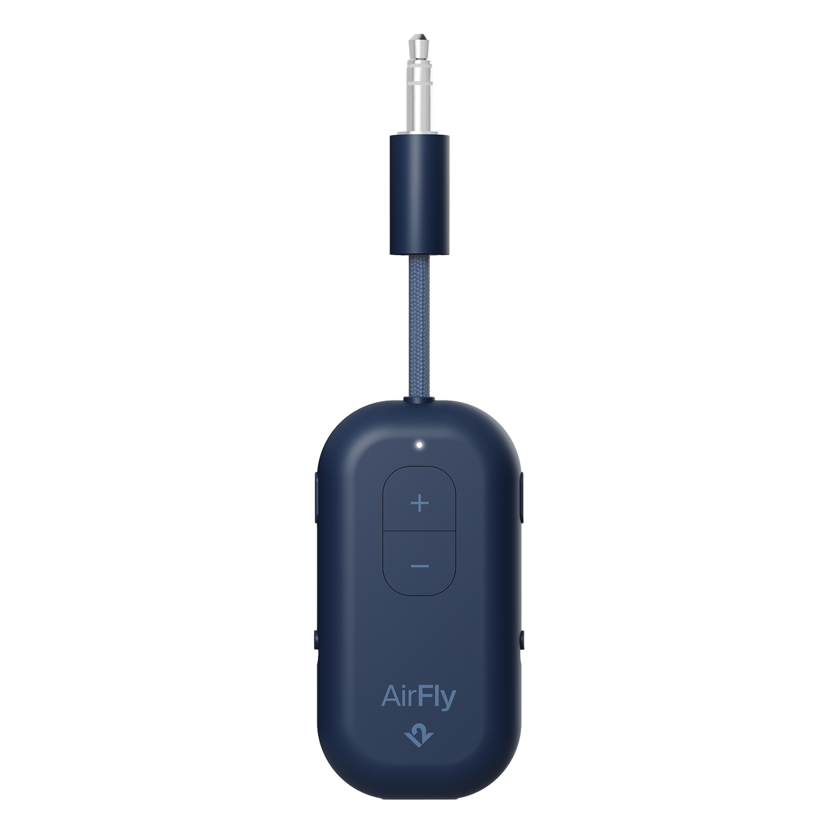 Blue AirFly audio transmitter on a white background