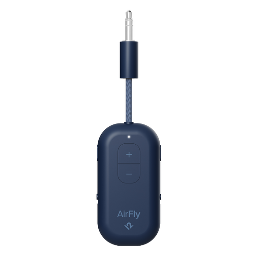 Blue AirFly audio transmitter on a white background