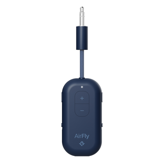 Blue AirFly audio transmitter on a white background