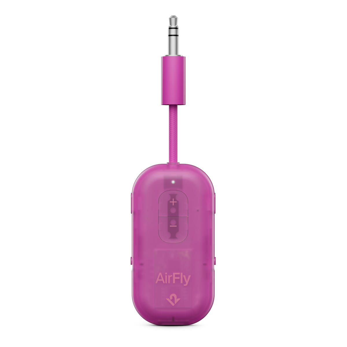 Pink audio adapter with 'AirFly' branding on a white background