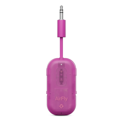 Pink audio adapter with 'AirFly' branding on a white background