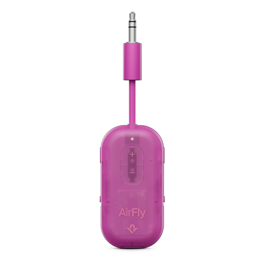 Pink audio adapter with 'AirFly' branding on a white background