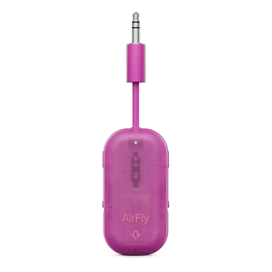 Pink audio adapter with 'AirFly' branding on a white background