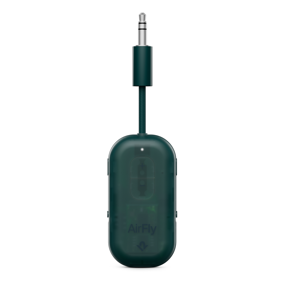 Green audio adapter with 'AirFly' branding on a white background