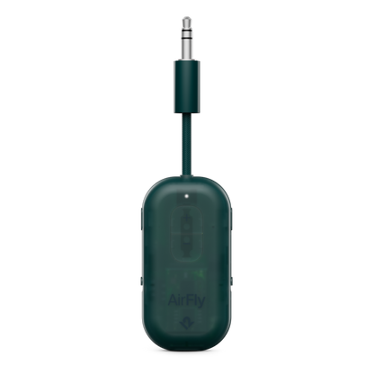 Green audio adapter with 'AirFly' branding on a white background
