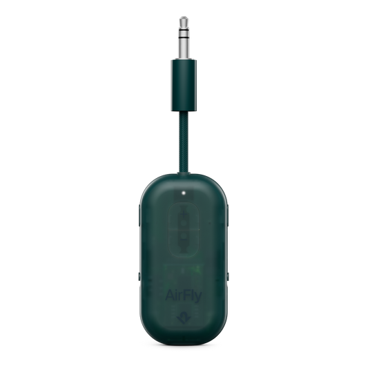 Green audio adapter with 'AirFly' branding on a white background