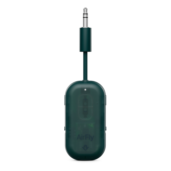 Green audio adapter with 'AirFly' branding on a white background