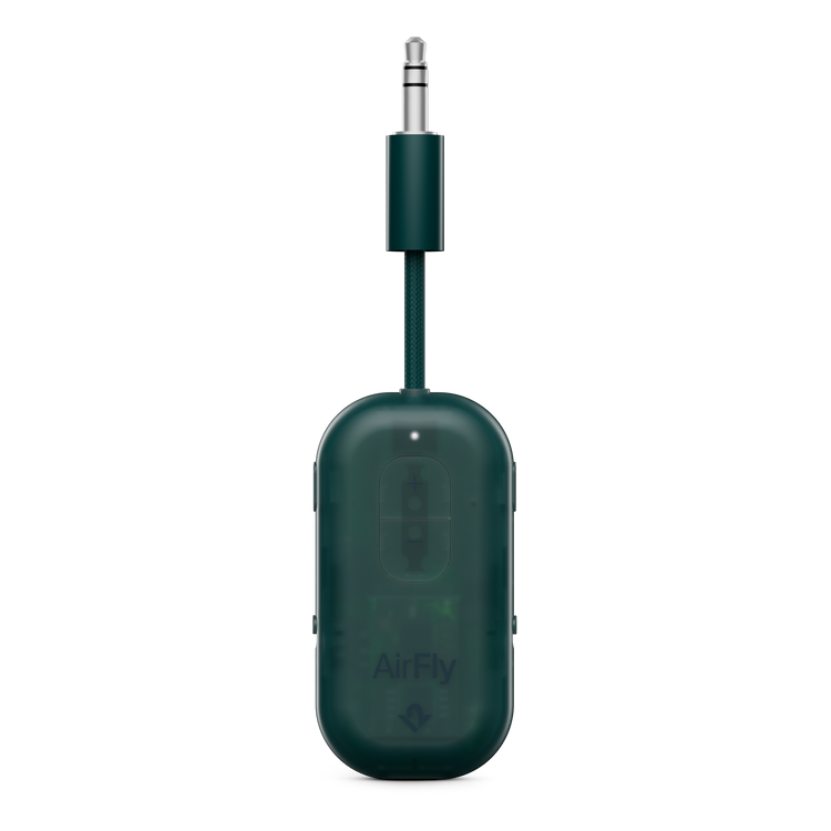 Green audio adapter with 'AirFly' branding on a white background