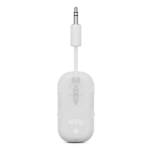 White audio adapter with 'AirFly' branding on a white background