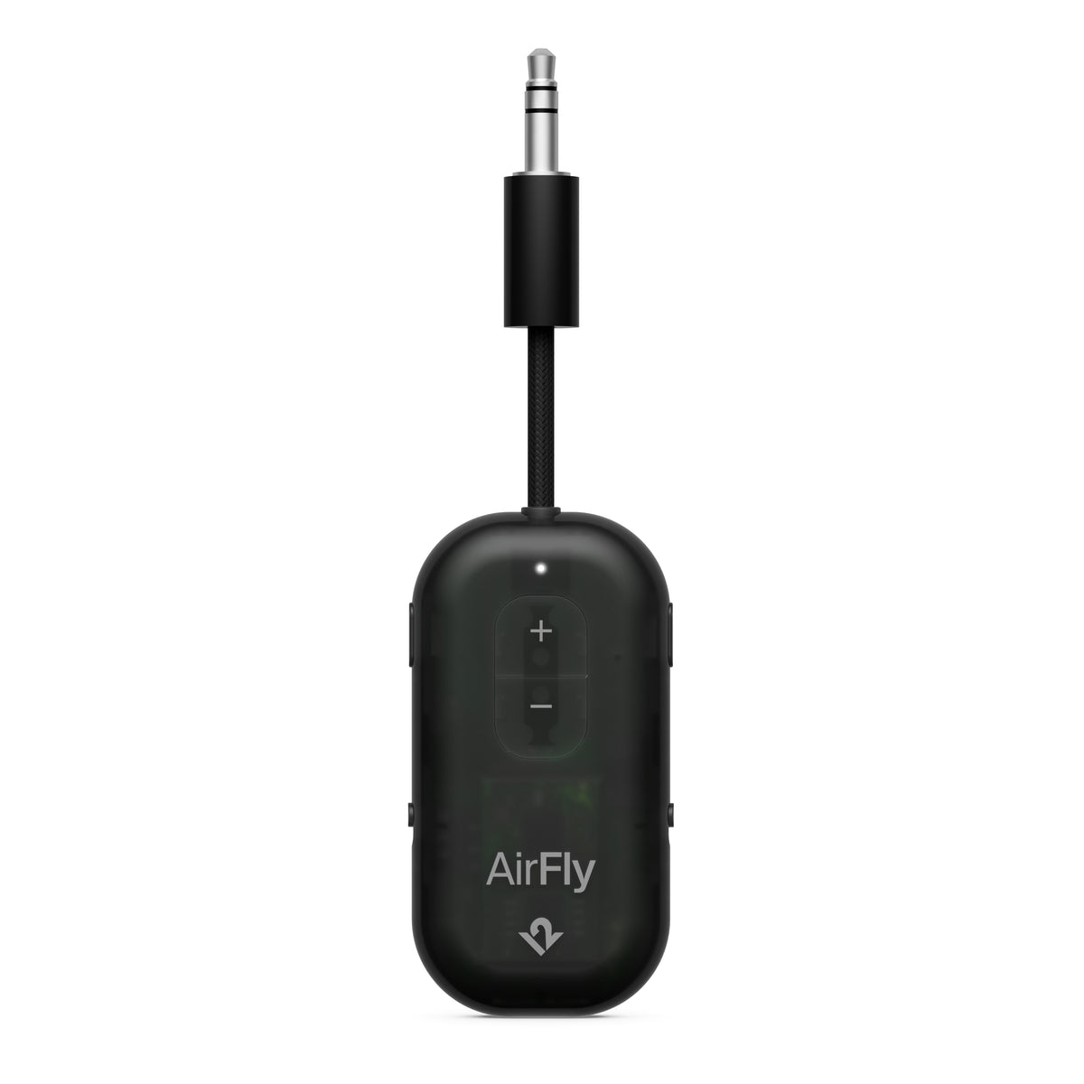 Black AirFly audio transmitter on a white background