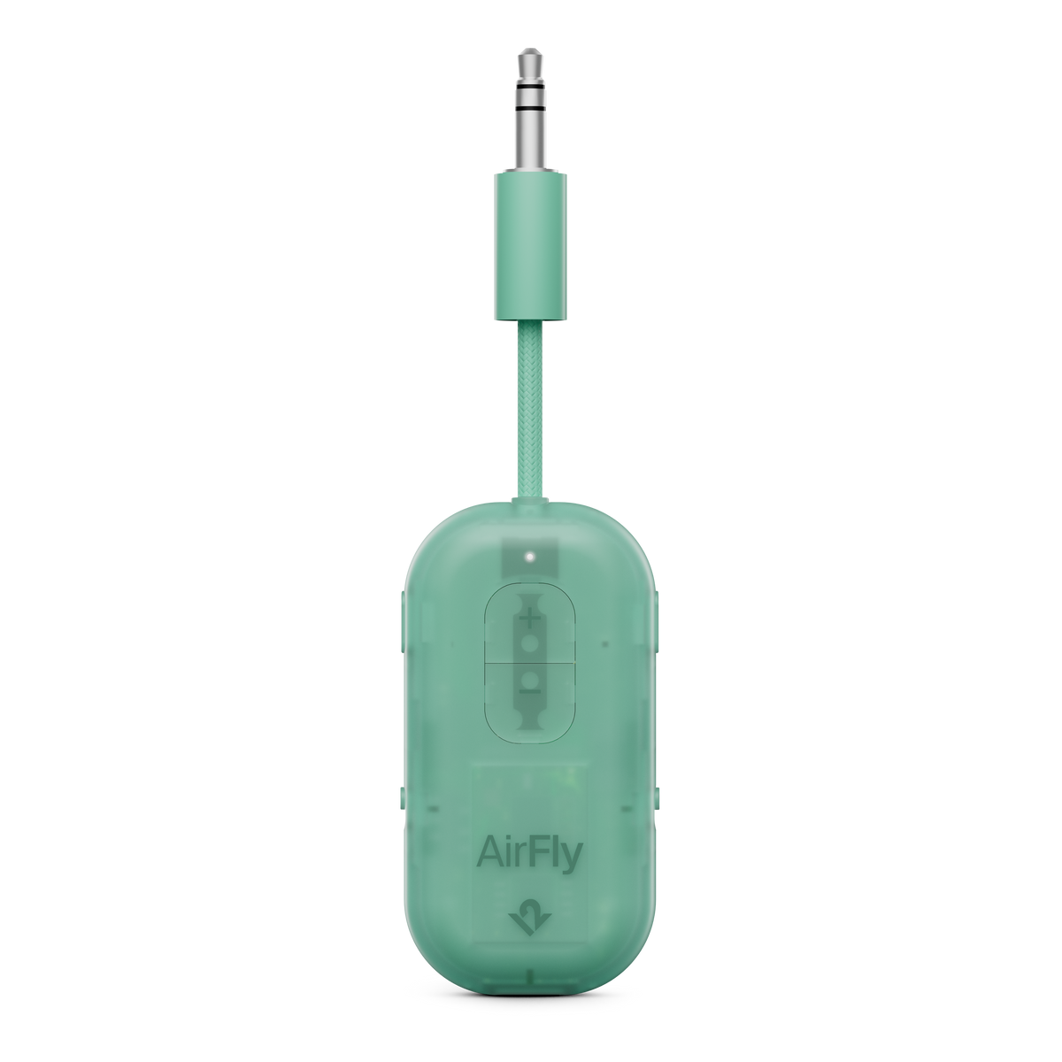 Green AirFly audio adapter on a white background