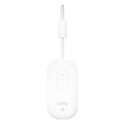White audio adapter with 'AirFly' branding on a white background
