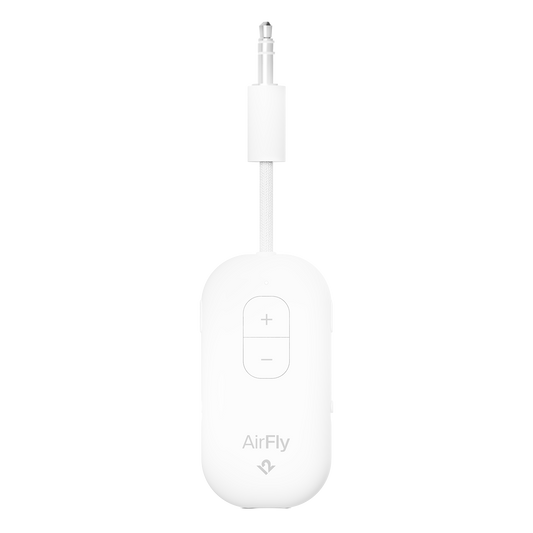 White audio adapter with 'AirFly' branding on a white background