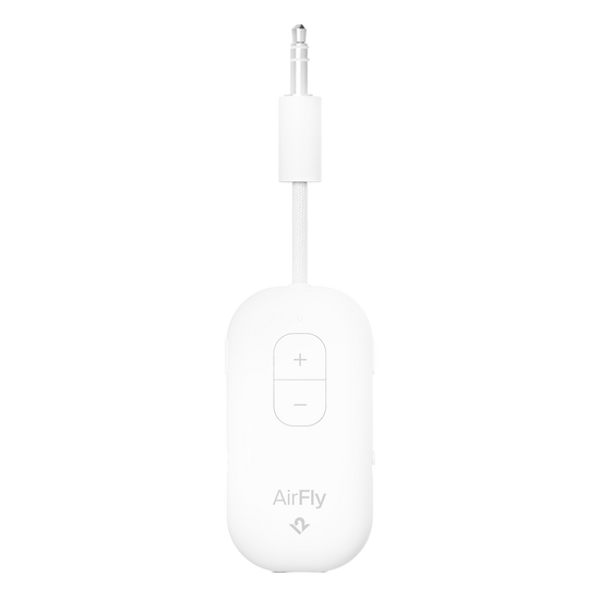 White audio adapter with 'AirFly' branding on a white background