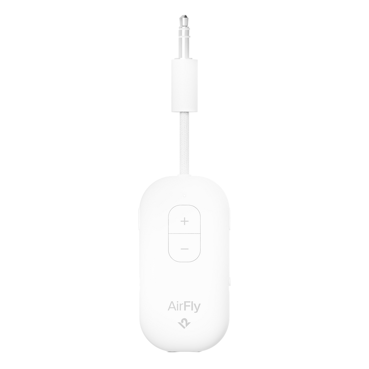 White audio adapter with 'AirFly' branding on a white background
