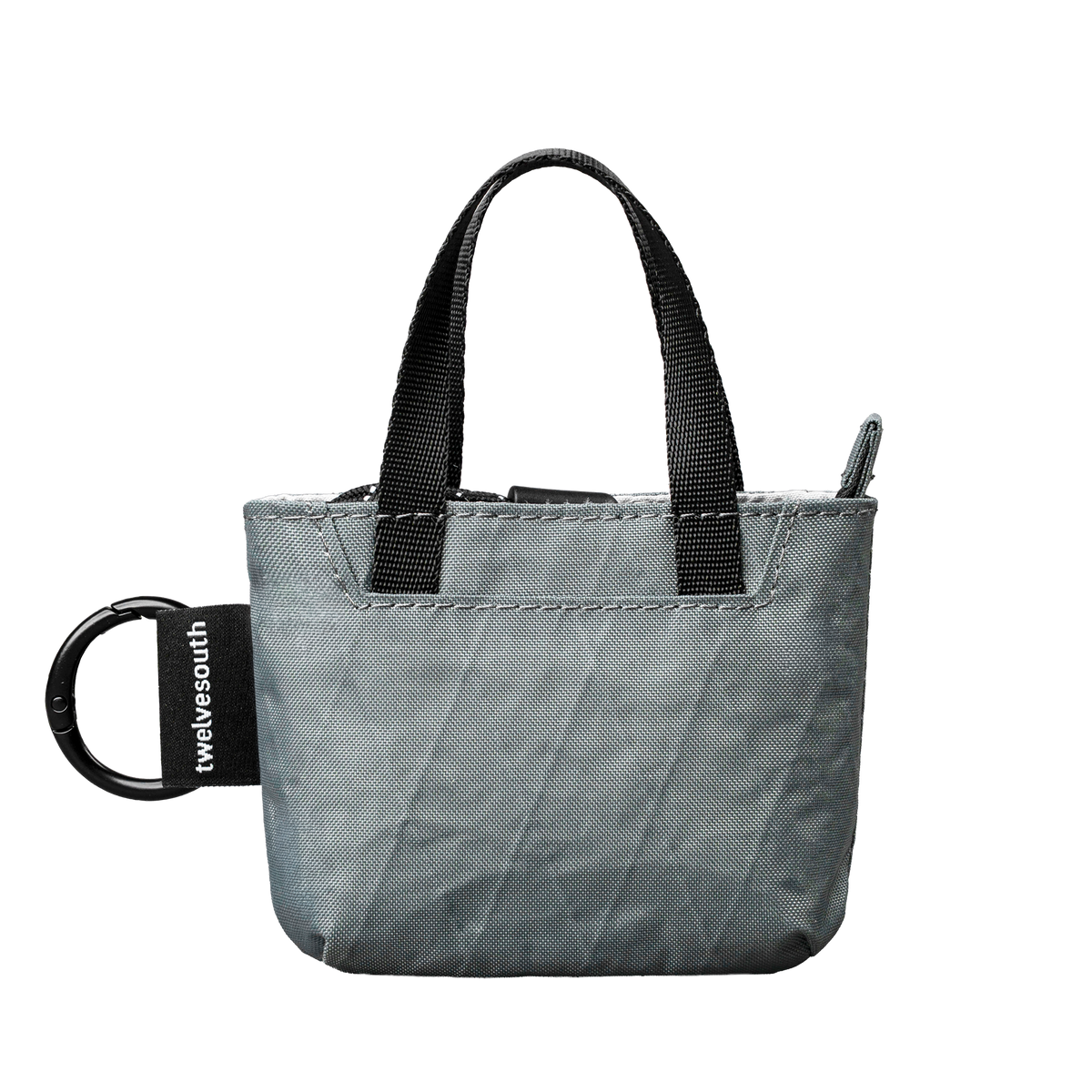 Gray bag with black handles and a black tag on a white background