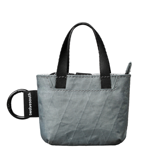 Gray bag with black handles and a black tag on a white background