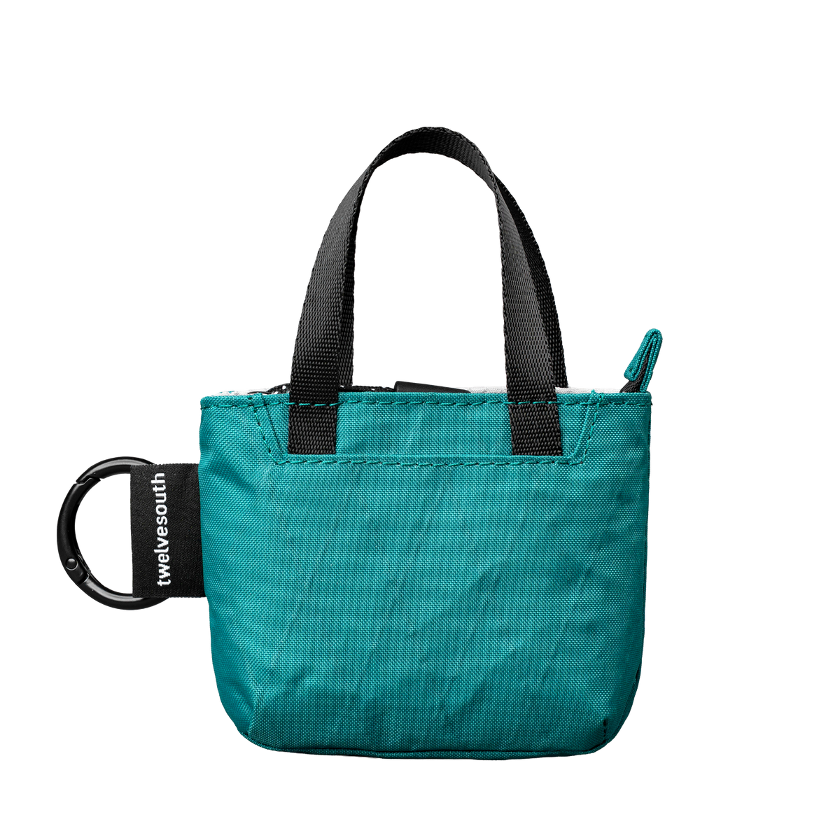 Teal bag with black handle and carabiner on a white background