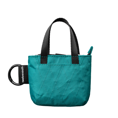 Teal bag with black handle and carabiner on a white background