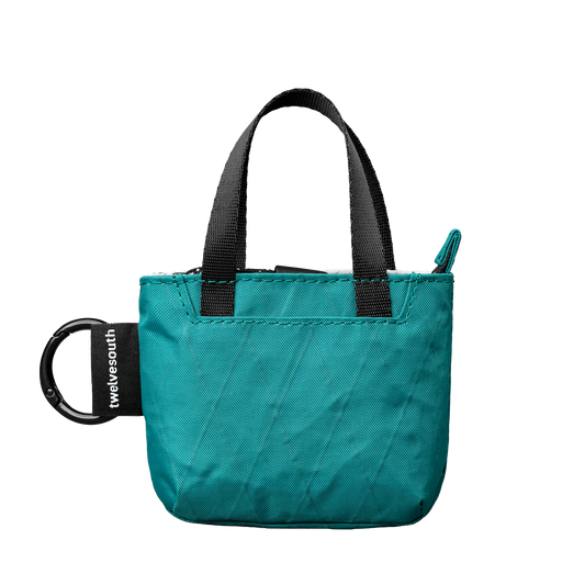 Teal bag with black handle and carabiner on a white background