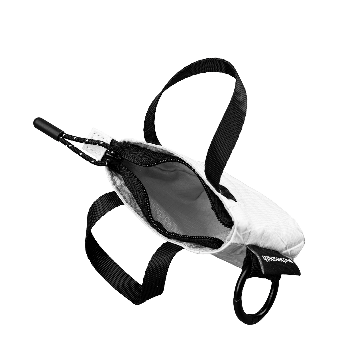 White pouch with black straps and a visible brand logo on a white background