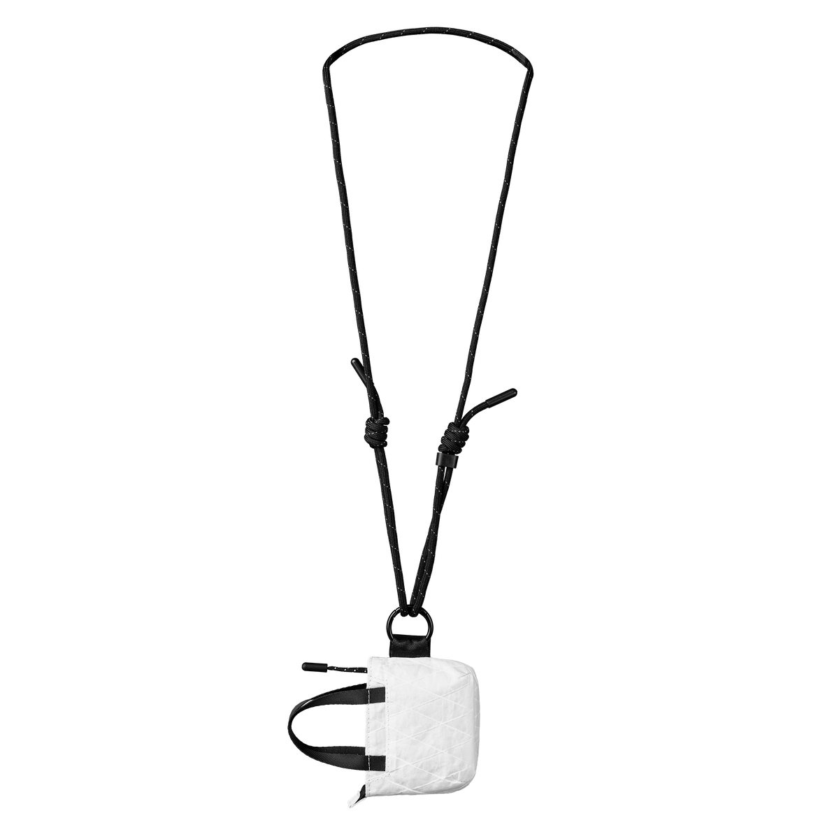 Small white pouch with a black strap on a white background