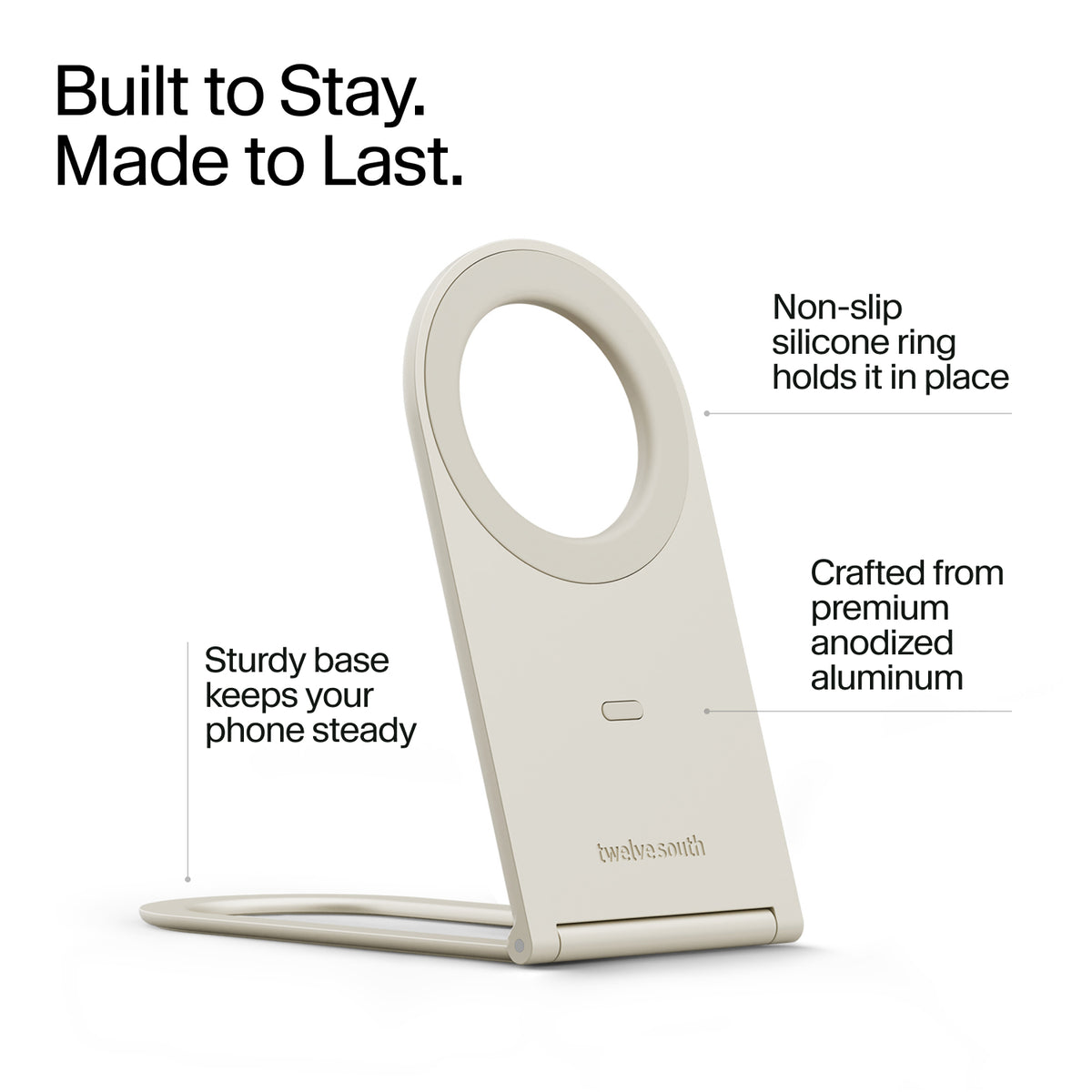 Phone stand with features highlighted on a white background