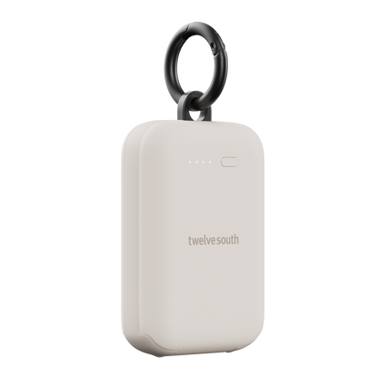 White power bank with black ring on a white background