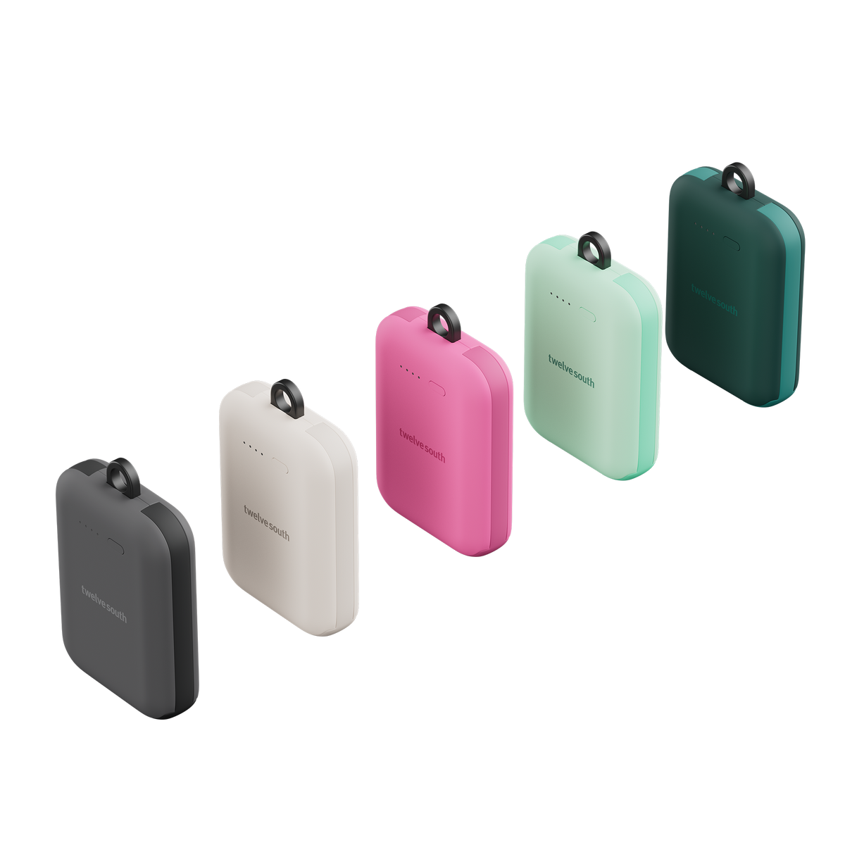 Set of five portable power banks in different colors on a white background