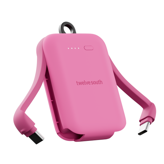 Pink external battery pack with 'twelve south' branding on a white background