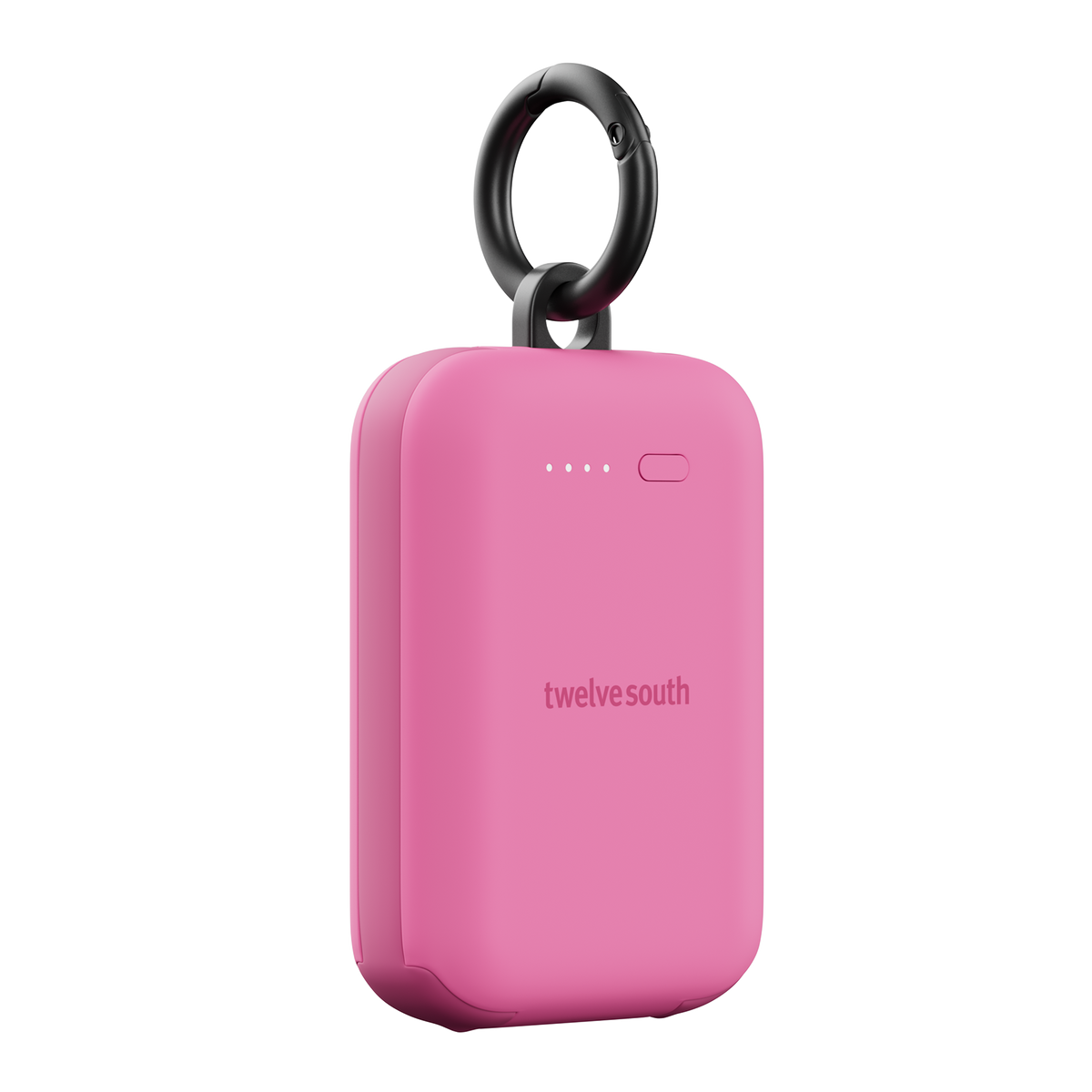 Pink portable device with a black ring on a white background