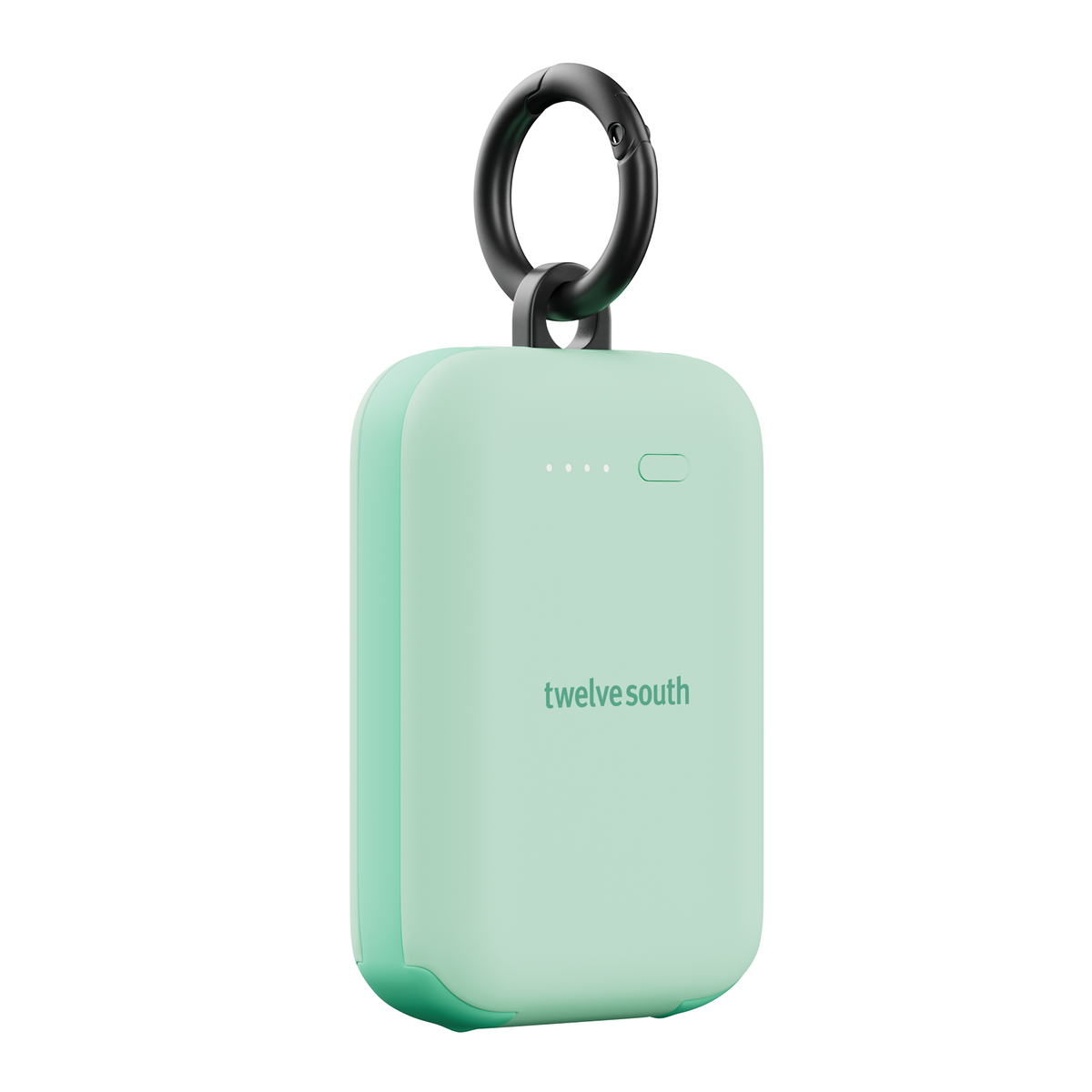 Mint green portable device with a black ring on a white background