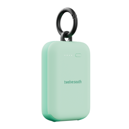 Mint green portable device with a black ring on a white background