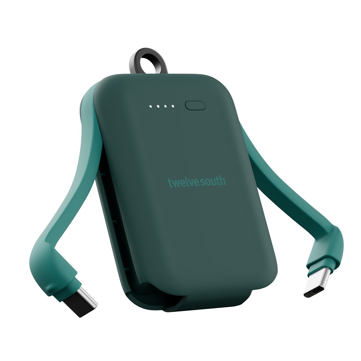 Green portable battery pack with USB cable on a white background, featuring 'twelve south' branding.