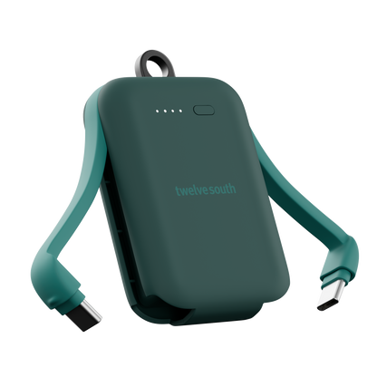 Green portable battery pack with USB cable on a white background, featuring 'twelve south' branding.