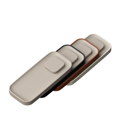 Full valet color range stacked diagonally on a white background. The cases come in ecru, black, brown, and taupe colorways.
